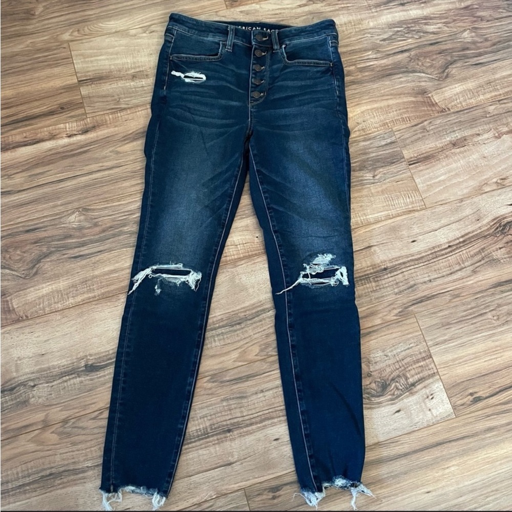 American Eagle Super Hi-Rise Jegging Denim Jeans Rip and Repair Patched Size 8